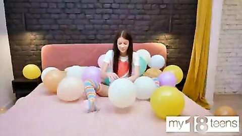 Sofa Weber skinny teen with small tits surrounded by colorful balloons