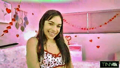 Smiling Latina in pink lingerie, petite body tease from Tiny4K