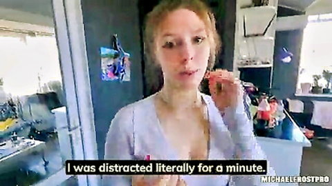 Redhead cleaner in white top distracted in kitchen, pays with pussy