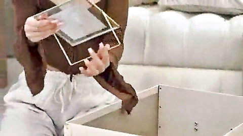Petite teen in casual wear holding frame, Baby Doll MMF threesome trailer