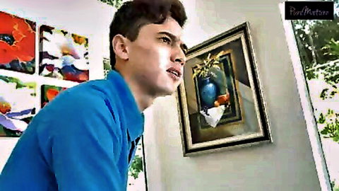 Young hired help in blue shirt admires art in lonely MILF's home