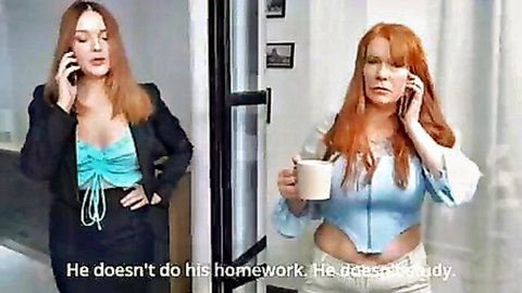 Two redhead MILFs stepmom and teacher on tense phone call about homework