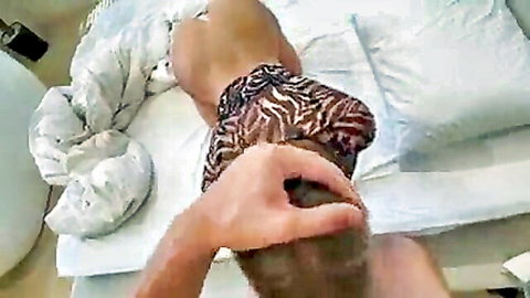 Man's fingers deep in pink wet pussy of busty zebra top babe on bed POV