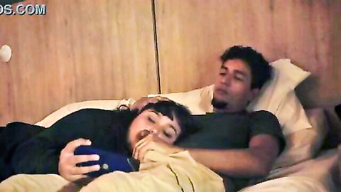 Chubby Latina stepsister grips stepbrother's thick cock with hand while lips tease head for blowjob