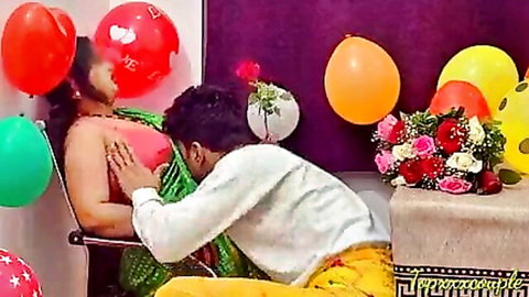 Indian mistress topless in sari, man sucking breast on Valentine's Day office
