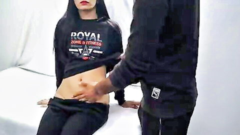 Sexy Asian babe in crop top gets bare midriff groped by black stud in Puma gear