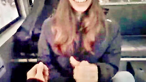 Amateur teen smiling on public transport, teasing before cum in mouth creampie