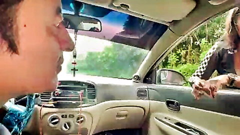 Latina babe leans into taxi window offering fingers for guy to suck passionately