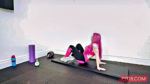 Lily Lou pink-haired fitness babe in tight leggings doing sexy yoga pose
