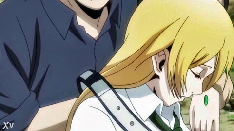 Blonde anime schoolgirl in uniform cuddling with guy in Btooom hentai compilation