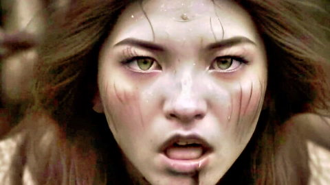 Intense Asian woman in archaic tribal makeup with blood-dripping mouth, green eyes