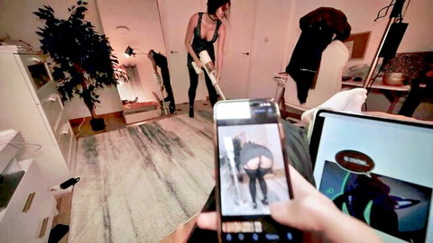 Brunette in lingerie teases with big ass while mopping POV