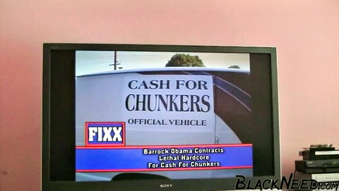 TV screen shows Cash for Chunkerers Lethal Hardcore BBW porn DVD menu with contracts