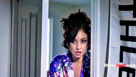 Juniper Ren in seductive blue robe for stepmom stepsis Christmas threesome
