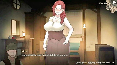 Anime redhead Mirabel with huge cleavage in tight blouse and skirt