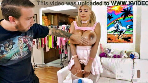 Amber Alena busty blonde gags on cock messy with big tits exposed