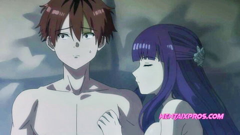 Hentai teens embracing shirtless for warmth in snowy cabin