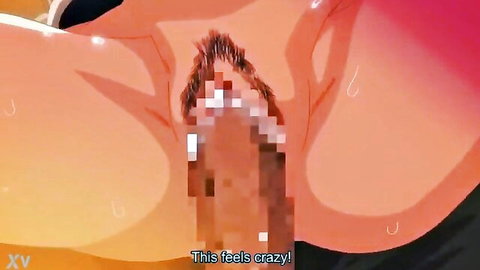 Anime hentai girl with big tits giving censored blowjob, intense orange scene