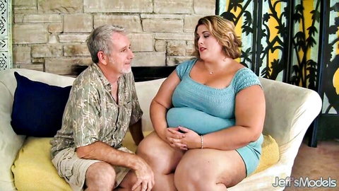 Erin Green, curvy blonde BBW MILF in blue dress with older man