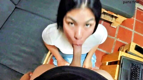 Alexa from Alexachris20 tongue out on cock in amateur anal finale, begging for creampie
