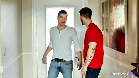 Two muscular bros in jeans and shirts, raw bareback gay action