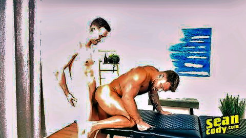 Scott Braun nude massage with Sam, muscular gay duo bending over table