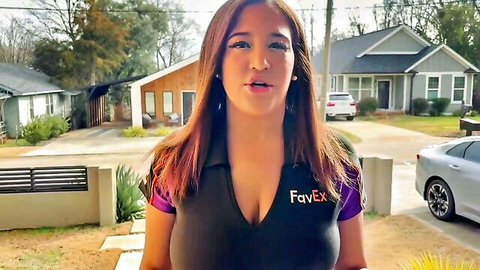 Fünsïzed Mëgän in tight FavEx delivery uniform, big tits cleavage outdoors