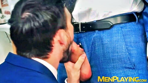 Tailor in suit measures client in jeans, leading to rough anal payment