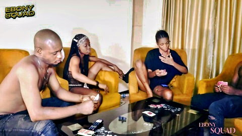 Ebony Squad gangbang teaser: shirtless black men and curvy black women in sexy outfits playing cards