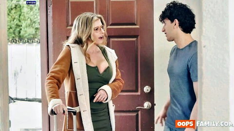 Blonde MILF with big tits in cleavage dress surprises stepson at door