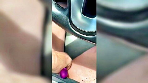 Hairy hand inserts purple egg vibrator into shaved pussy upskirt in car seat