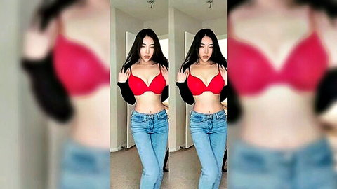 Sexy Asian babe with huge tits in red push-up bra and tight jeans posing seductively in mirror selfies