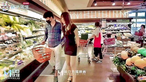 Japanese woman in short black dress with big boobs shopping with Asian man in supermarket