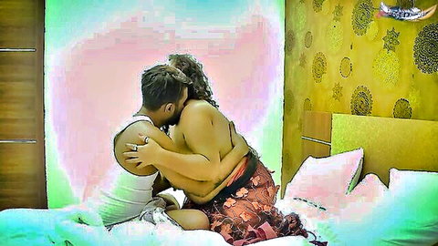 Desi servant and curvy landlady in passionate topless embrace on bed