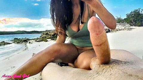 Asian bikini MILF straddles huge cock on beach with pussy exposed outdoor sex