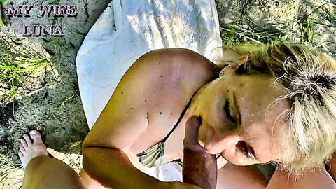 Sunny Day topless blowjob outdoors by river, squirt sex scene