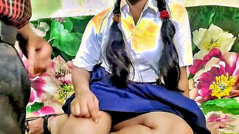 Innocent Indian schoolgirl in uniform lifts skirt for teacher, amateur style