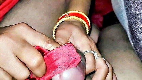 Indian Bhabhi Komalaman close-up handplay with cock in red cloth, Hindi audio