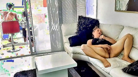 Blonde stepmom from Miller Family caught masturbating, naked pussy exposed on couch