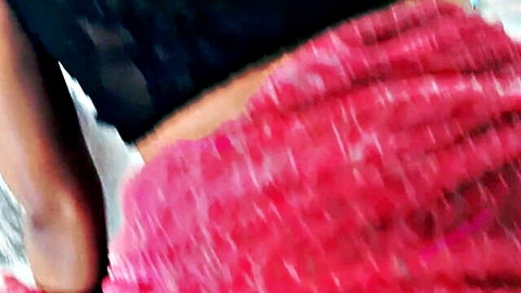 Sexy Indian housewife teasing juicy ass in pink sari pulled aside and black lace top