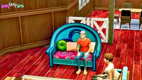 James & Nick: Mature stepdad in red shirt sits with shirtless young boy
