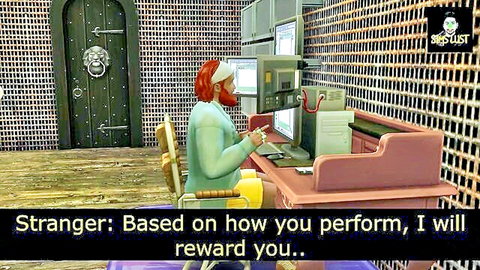 Mature red-haired bear daddy at computer in WickedWhims gay setup