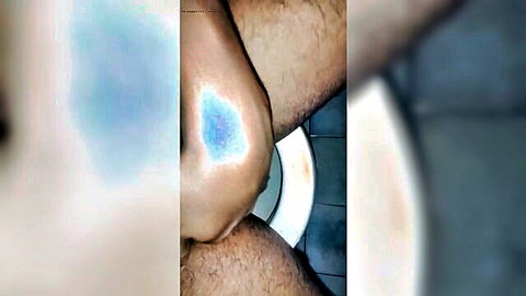 Hairy man in bathroom with blue mark on skin, gay amateur casting