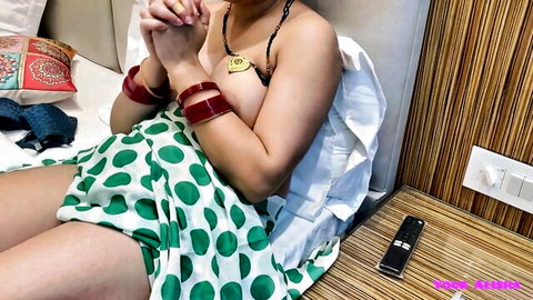 Alishabhabhi topless in green polka-dot skirt, caught masturbating solo