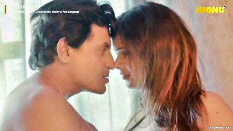 Intimate close-up of shirtless Indian man and long-haired woman in Chhal EP4 romantic scene