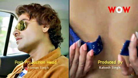 Indian woman in blue lingerie adjusting straps, man in car profile view