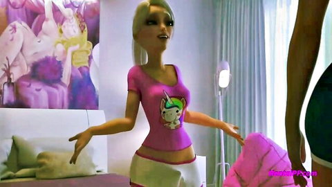 3D CGI blonde Barbie babe in tight pink unicorn crop top and tiny white skirt posing in bedroom