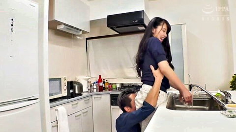 Japanese housewife fucked doggy style in kitchen while washing dishes exposing tits and pussy