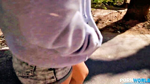Natasha Blonde 18yo teen in baggy hoodie and shorts, outdoor walk tease for anal DP threesome