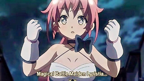 Anime magical battle maiden Lyrisia posing with pink hair and cleavage